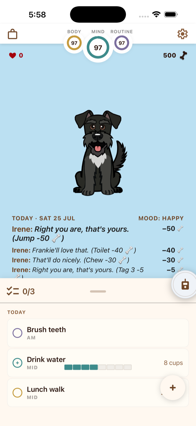 Habit rows on the home screen, including a drink-water habit with a segmented progress bar
