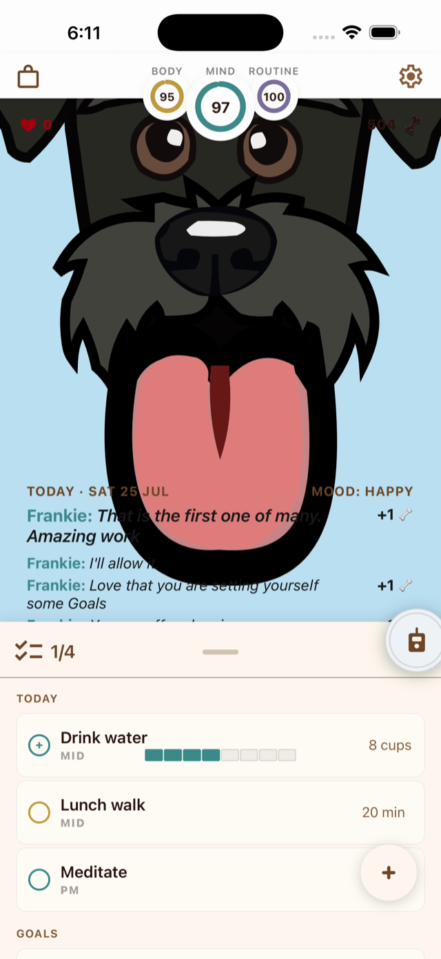Close-up of Frankie licking the screen in greeting